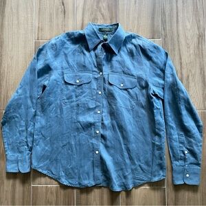 LAUREN RALPH LAUREN Green Tag Women's 100% Linen Blouse Shirt Sz S Blue Long Slv